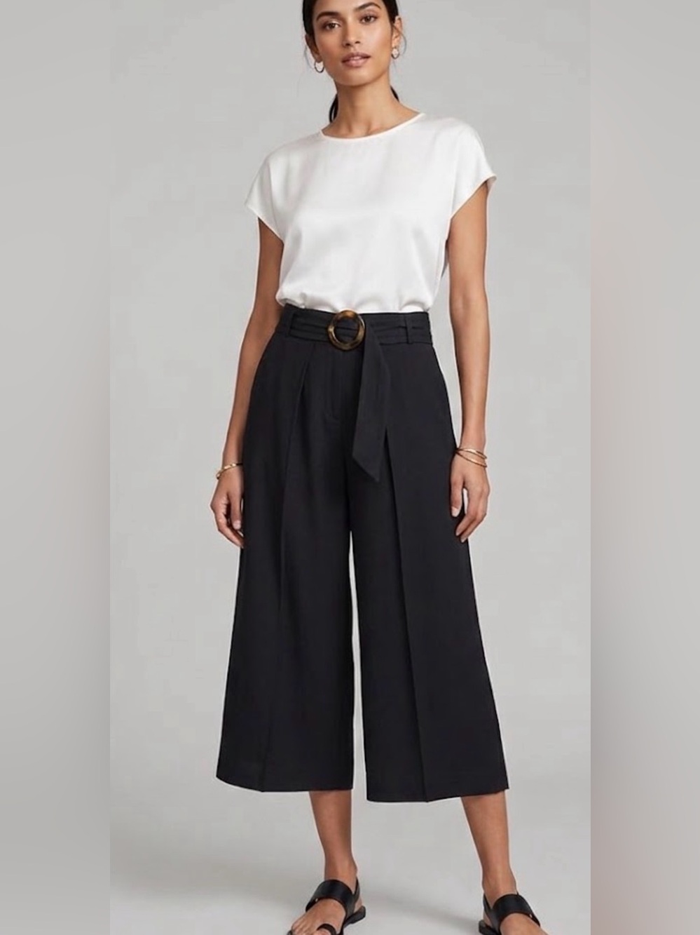 High-Waist Black Wide-Leg Cropped Pants with Belt
